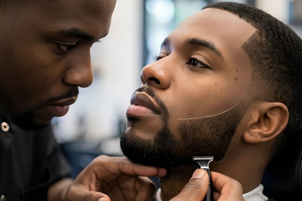 customer getting his beard trimmed